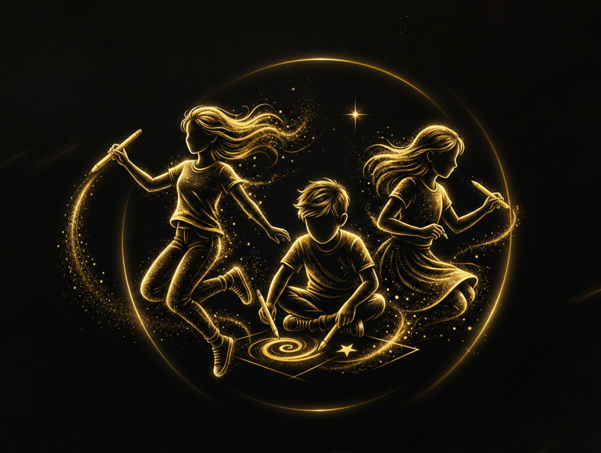 Scribly — kids writing and creating stories in golden light