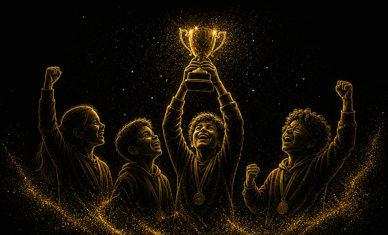 Children celebrating with a golden trophy in a shower of gold sparkles